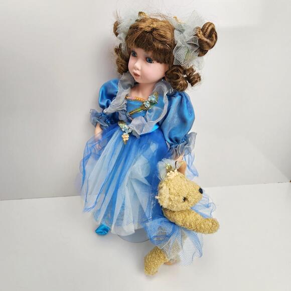 Sweet Ballerina with Teddy Bear 18" Dressed in Blue Satin & Tulle Porcelain Doll - Picture 7 of 14